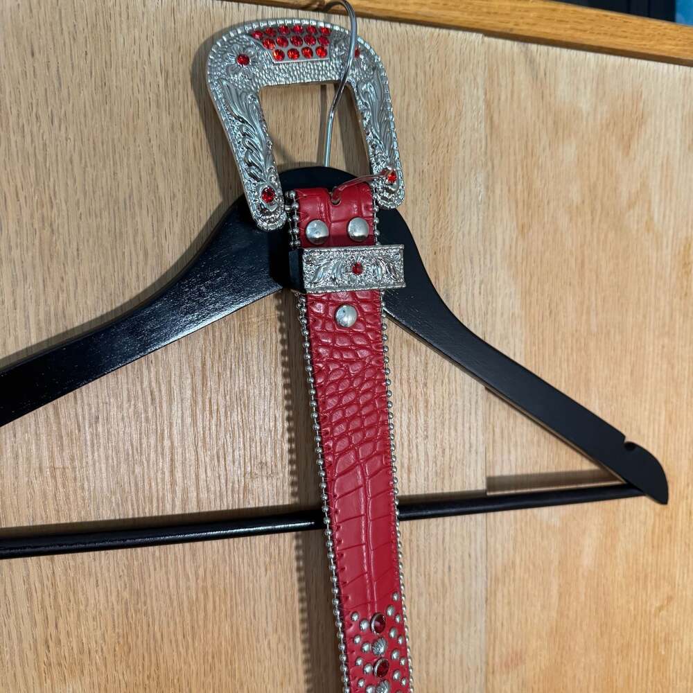 Red Croc Embossed Rhinestone Studded Western Belt with Silver Hardware